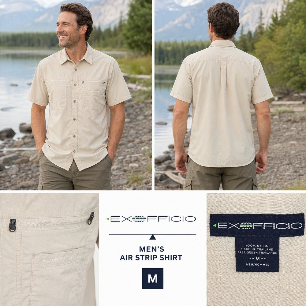 ExOfficio Air Strip Mens‎ Medium Tan Nylon Short Sleeve Fishing Hiking Shirt S08